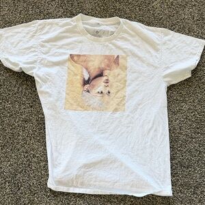 White Graphic Tee with Beige Portrait Print